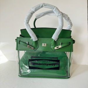 Green Leather 32 Punk Rock Vinyl Clear Belted Bag Top Handle Satchel S11